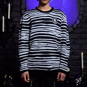 Unisex Wednesday Pugsley Stripe Intarsia Sweater‎ Hot Topic Addams Halloween
